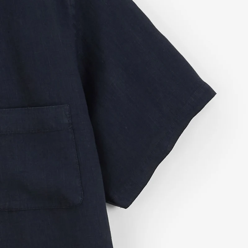 Chemise manches courtes unie en lin bleu marine