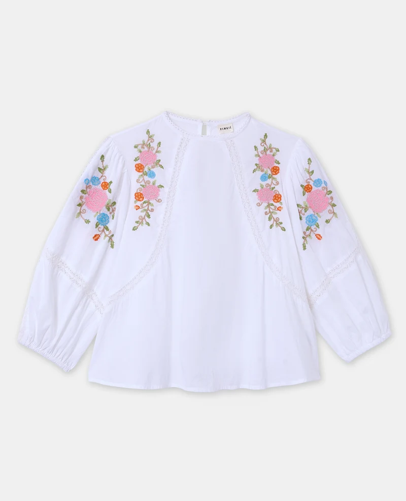 Blouse manches ballons avec broderies et dentelle