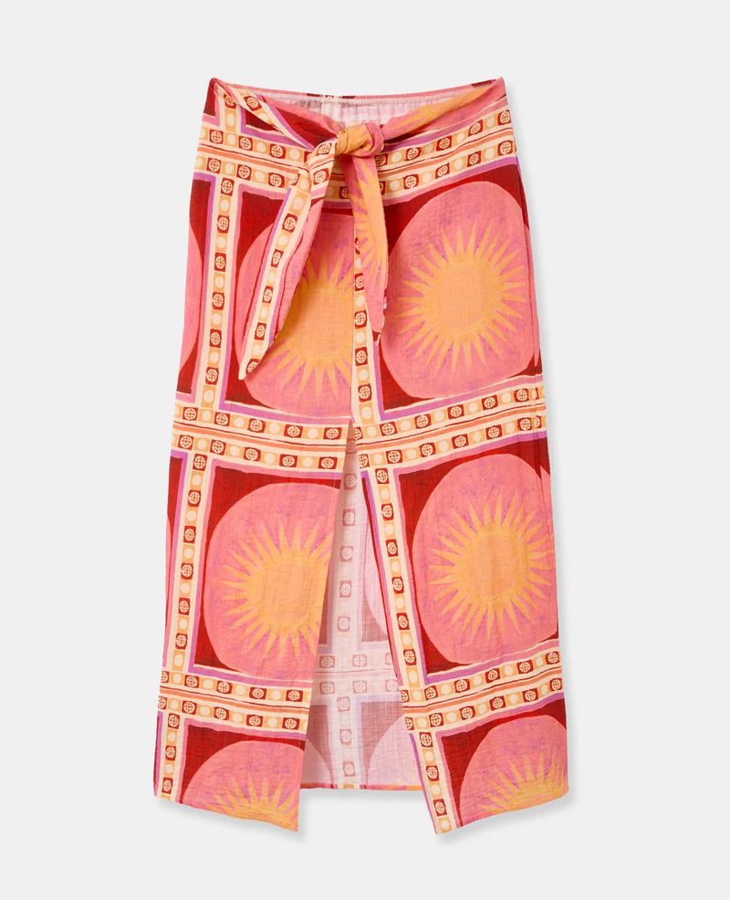 Jupe longue nouée à la taille motif soleils