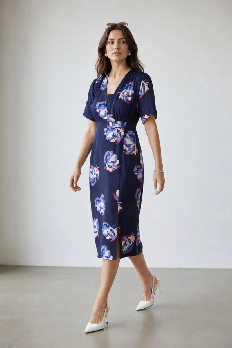 Neesha|100% Viscose Printed Side Slit Midi Dress