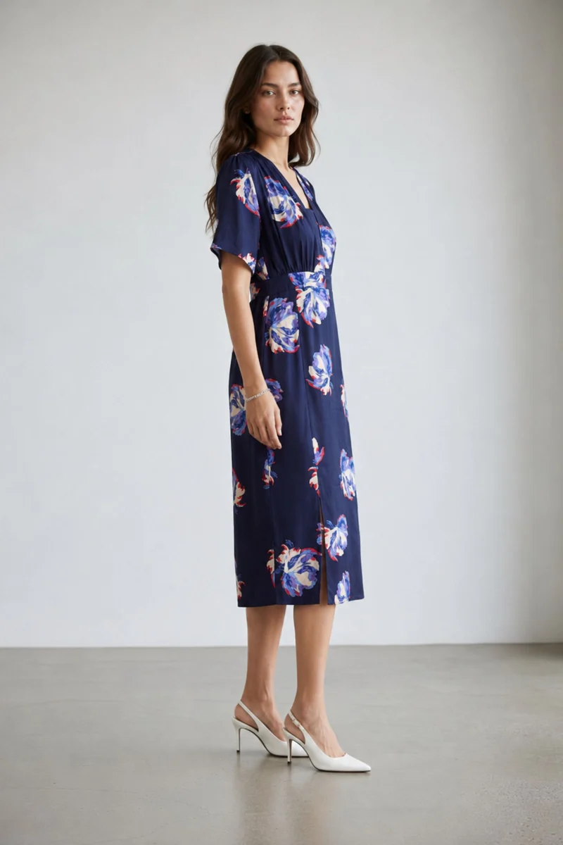 Neesha|100% Viscose Printed Side Slit Midi Dress