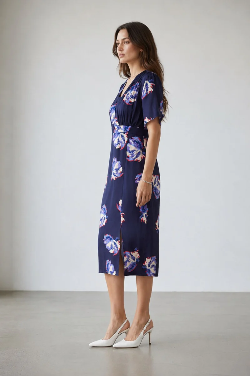 Neesha|100% Viscose Printed Side Slit Midi Dress