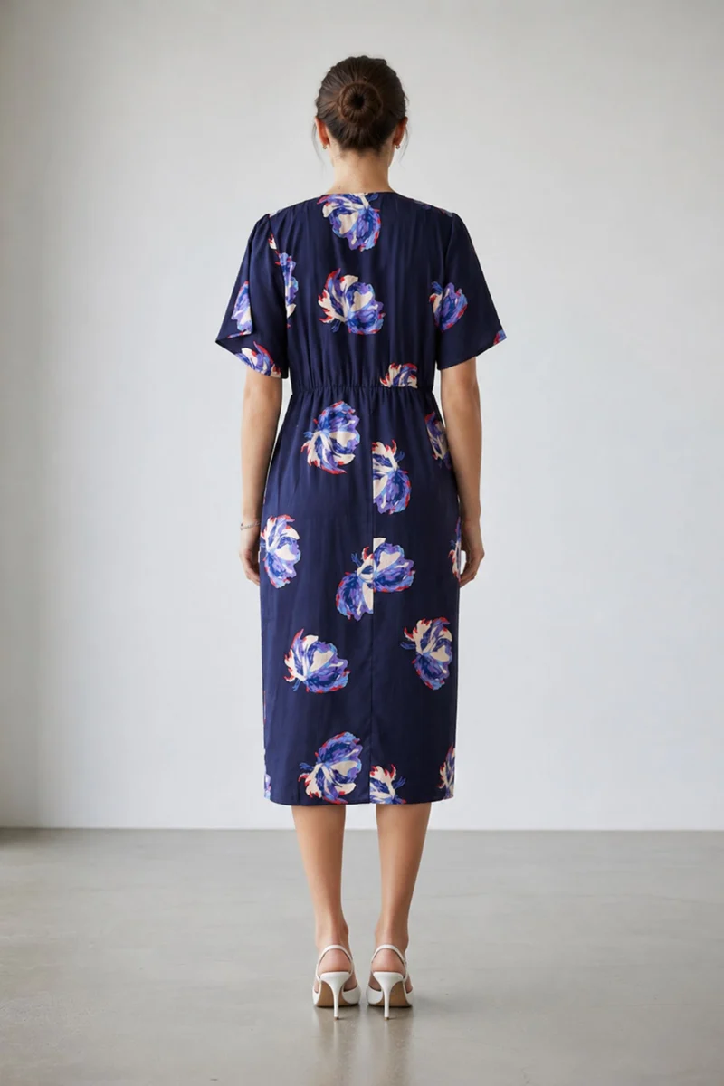 Neesha|100% Viscose Printed Side Slit Midi Dress