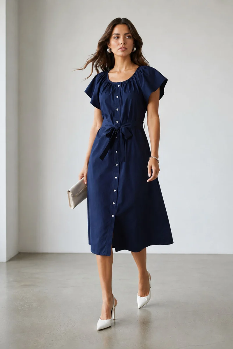 Hanri|100% Cotton Midi Dress With Extended Sleeves