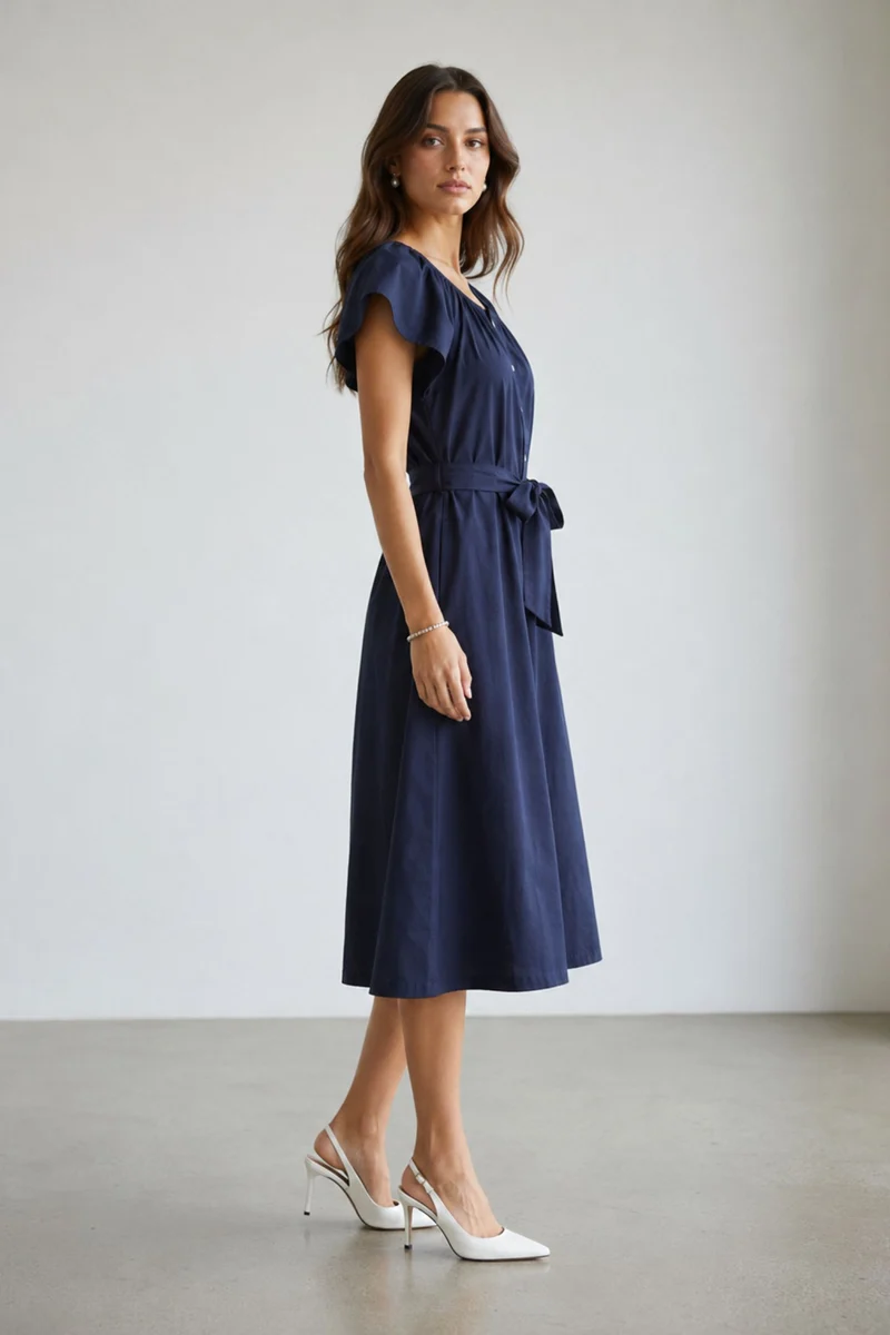 Hanri|100% Cotton Midi Dress With Extended Sleeves