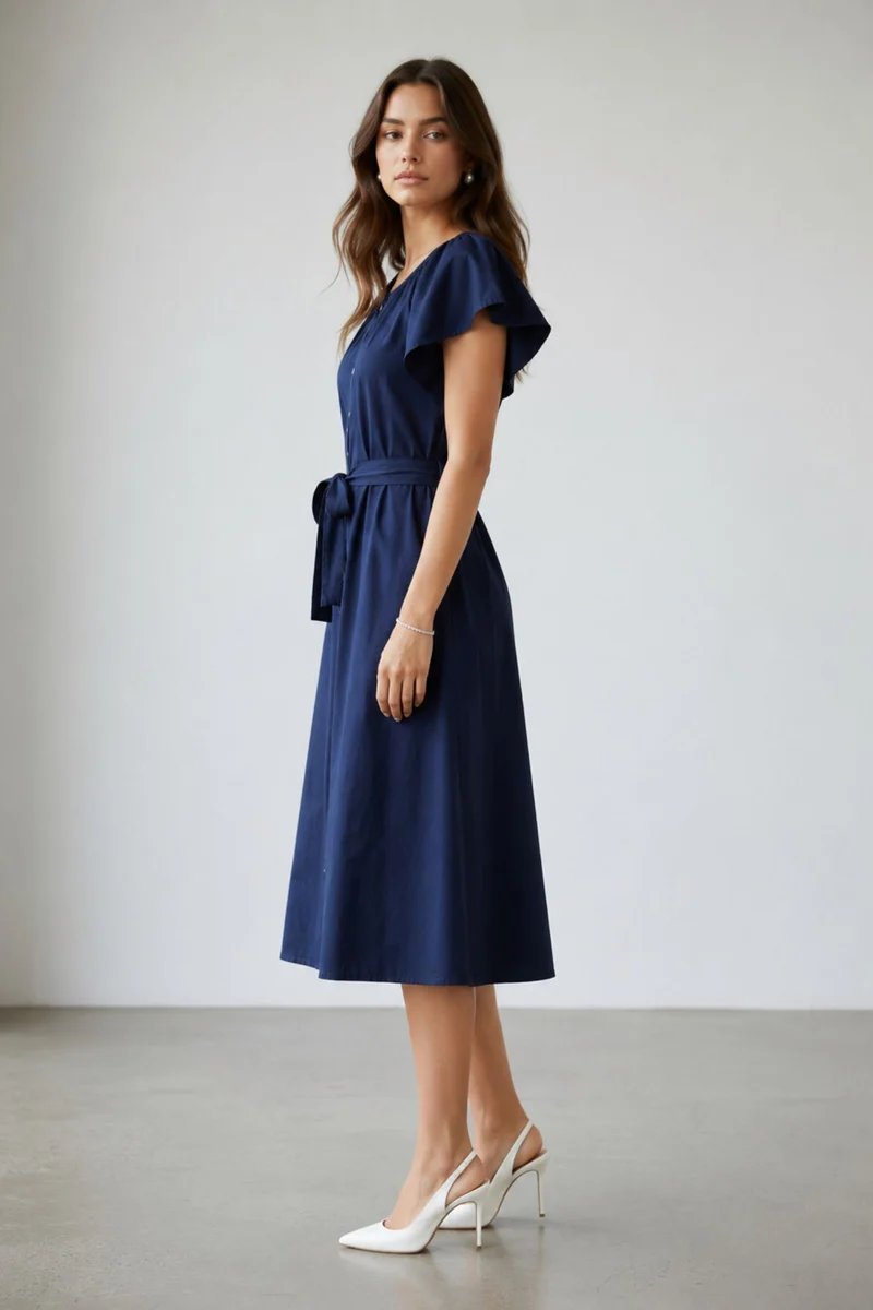Hanri|100% Cotton Midi Dress With Extended Sleeves