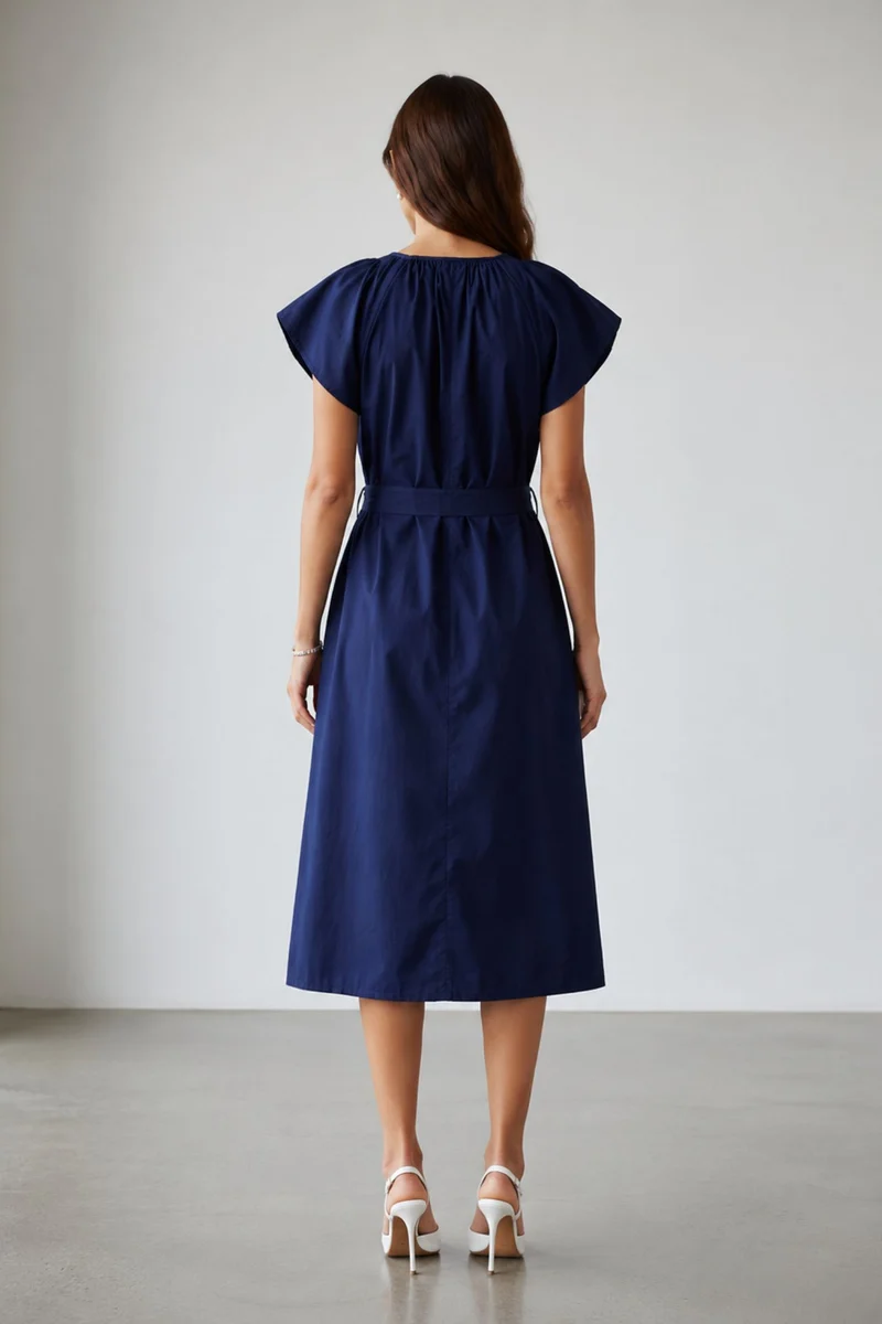 Hanri|100% Cotton Midi Dress With Extended Sleeves