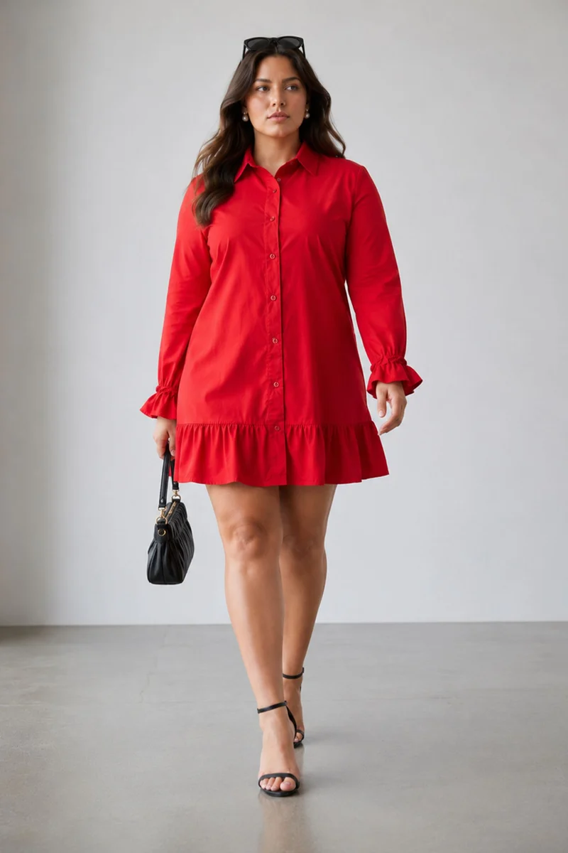 Hallye|100% Cotton Mini Shirt Dress With Ruffle