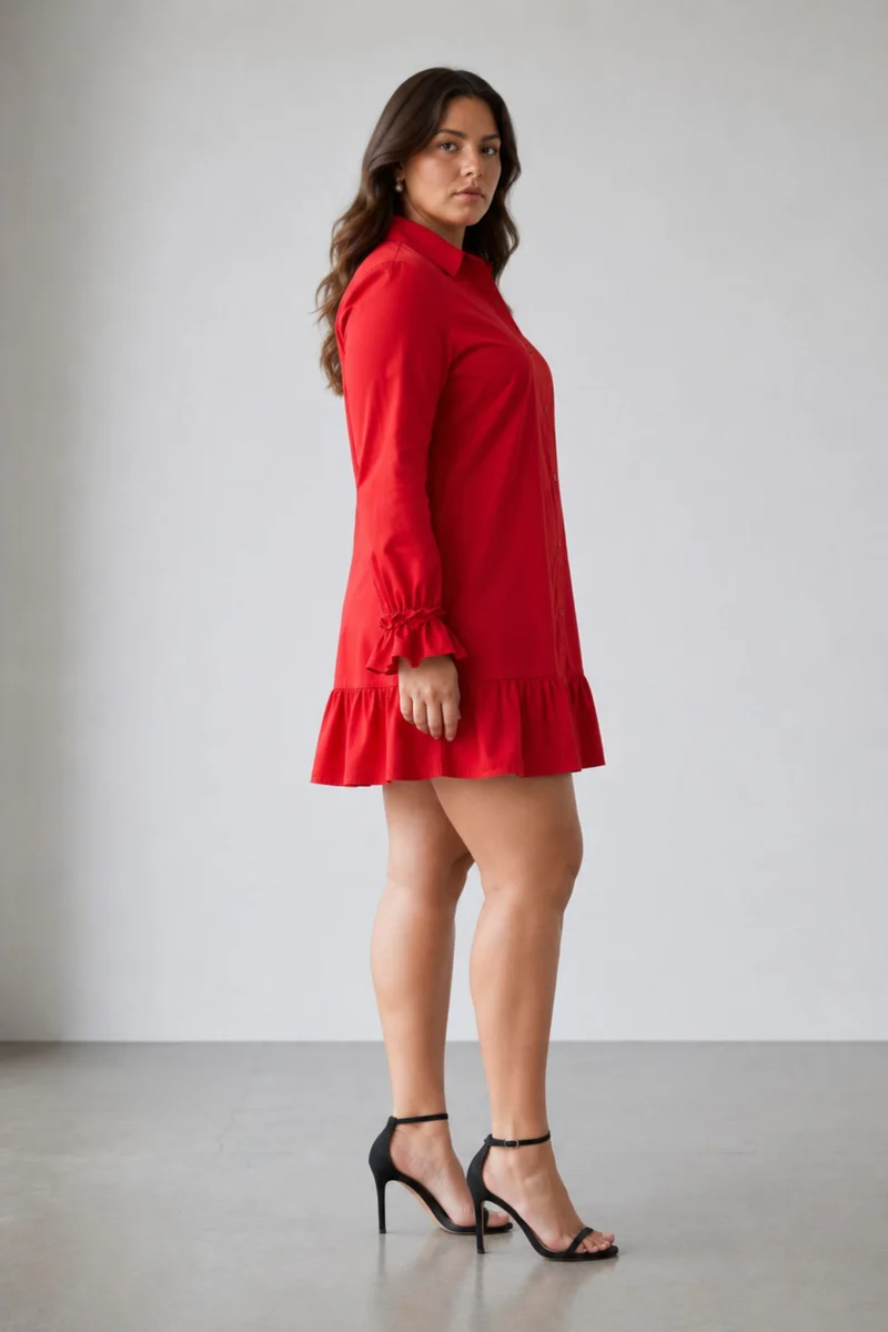 Hallye|100% Cotton Mini Shirt Dress With Ruffle
