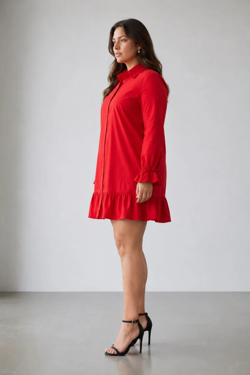 Hallye|100% Cotton Mini Shirt Dress With Ruffle