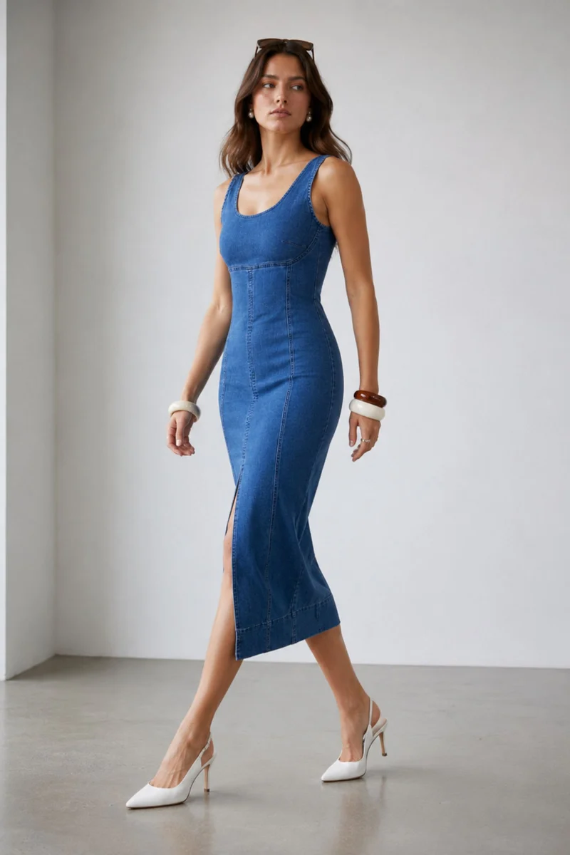 Ravelle|100% Cotton Denim Bodycon Maxi Dress