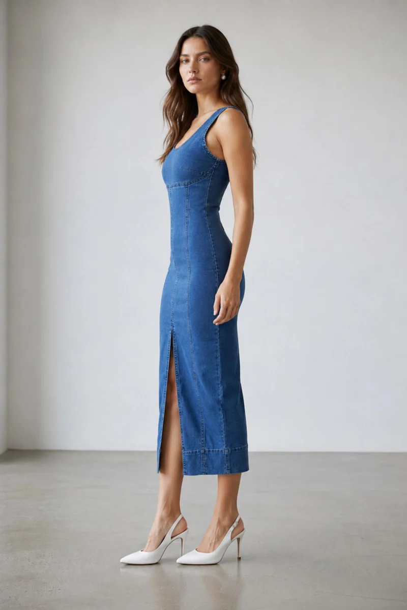 Ravelle|100% Cotton Denim Bodycon Maxi Dress