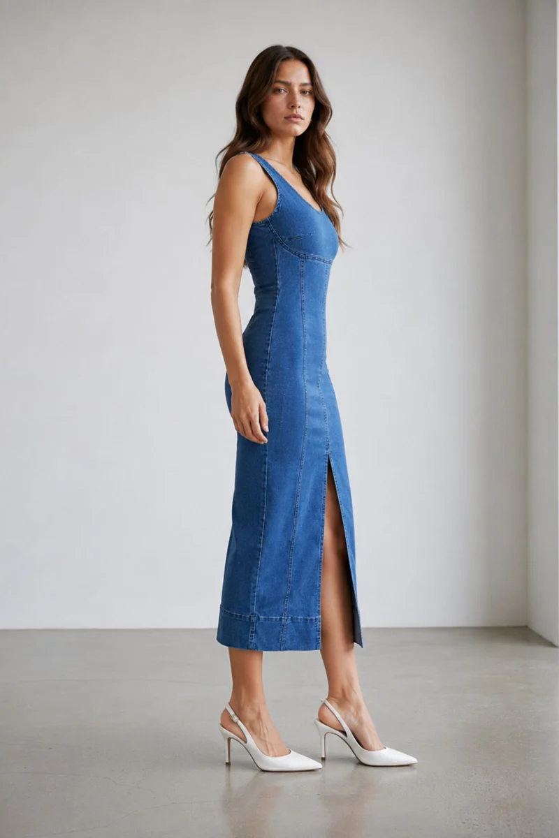 Ravelle|100% Cotton Denim Bodycon Maxi Dress
