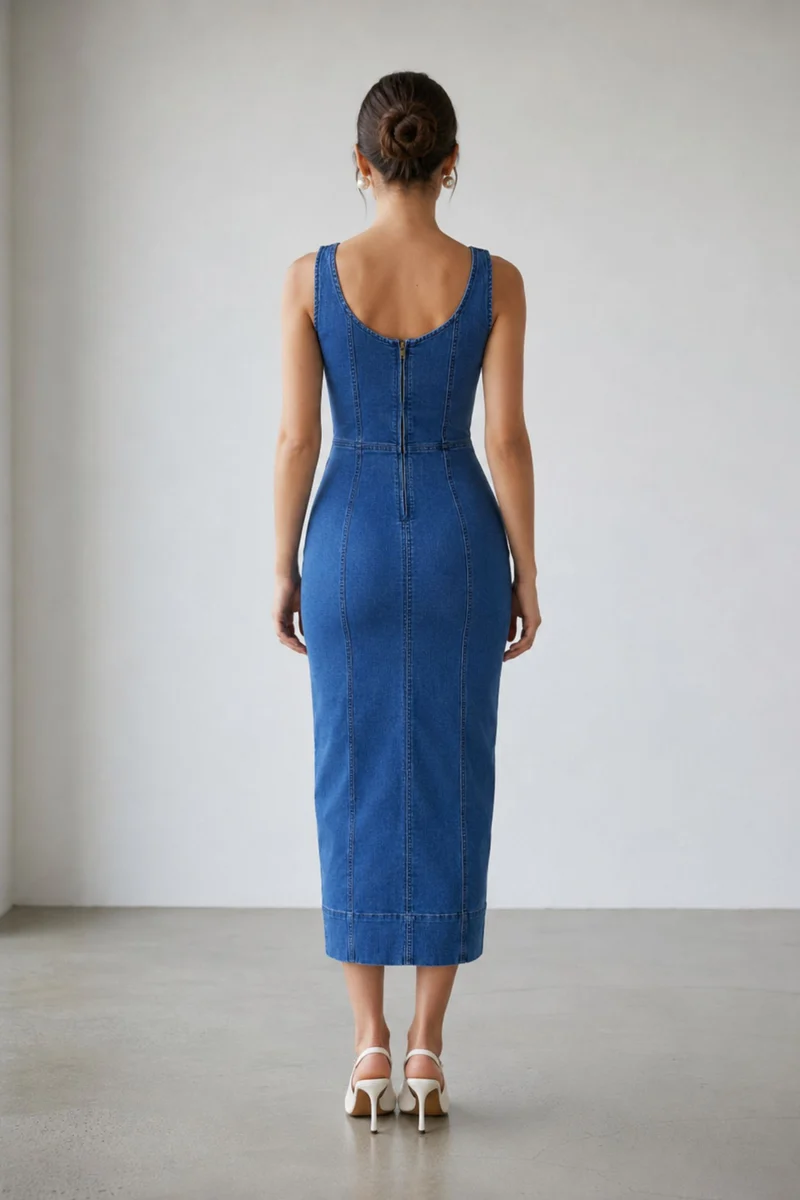Ravelle|100% Cotton Denim Bodycon Maxi Dress
