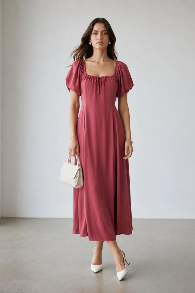 Orelissea|Maxi Dress With Puff Sleeves & Pleats