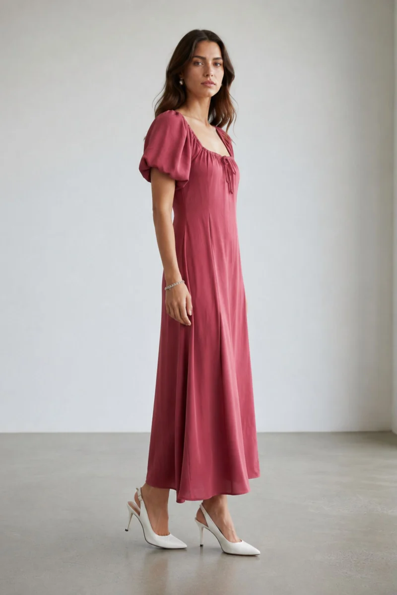 Orelissea|Maxi Dress With Puff Sleeves & Pleats