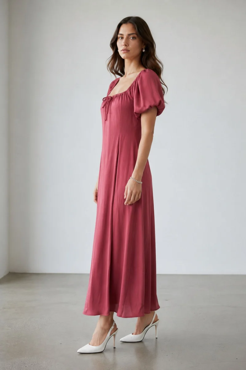 Orelissea|Maxi Dress With Puff Sleeves & Pleats