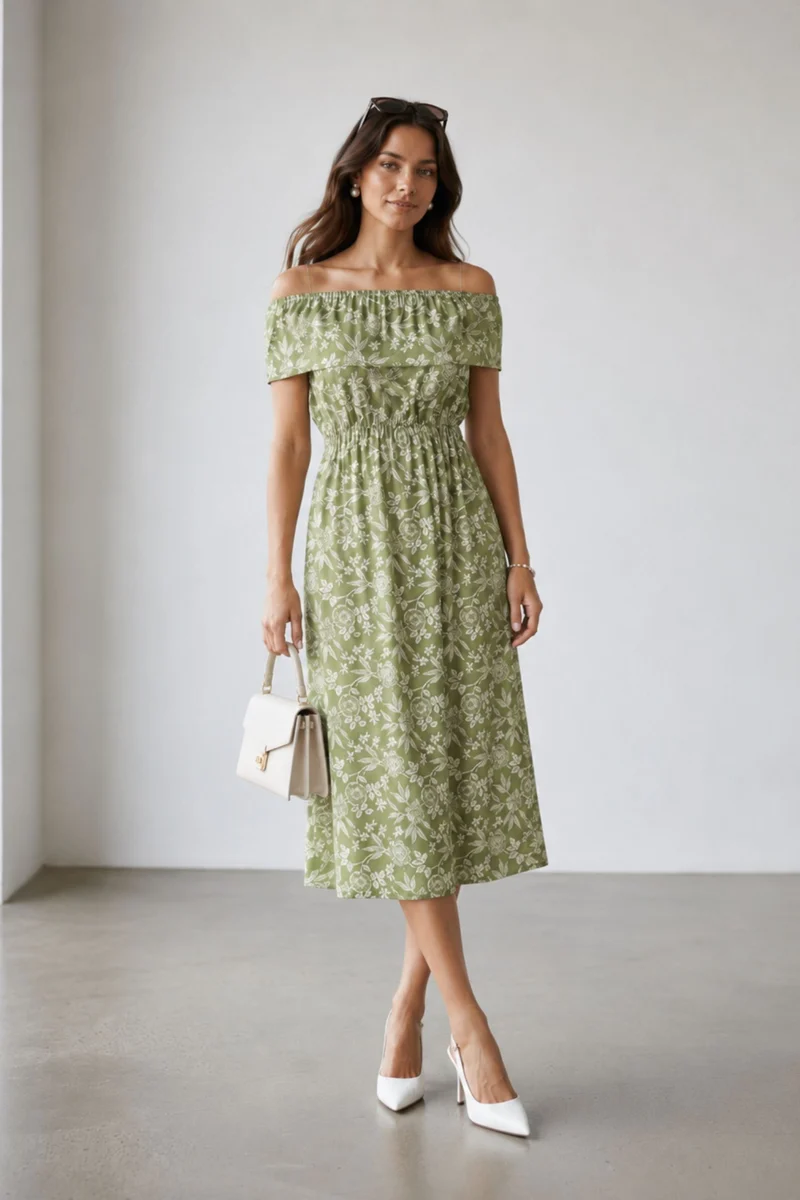 Nankura|100% Cotton Printed Off-Shoulder Dress