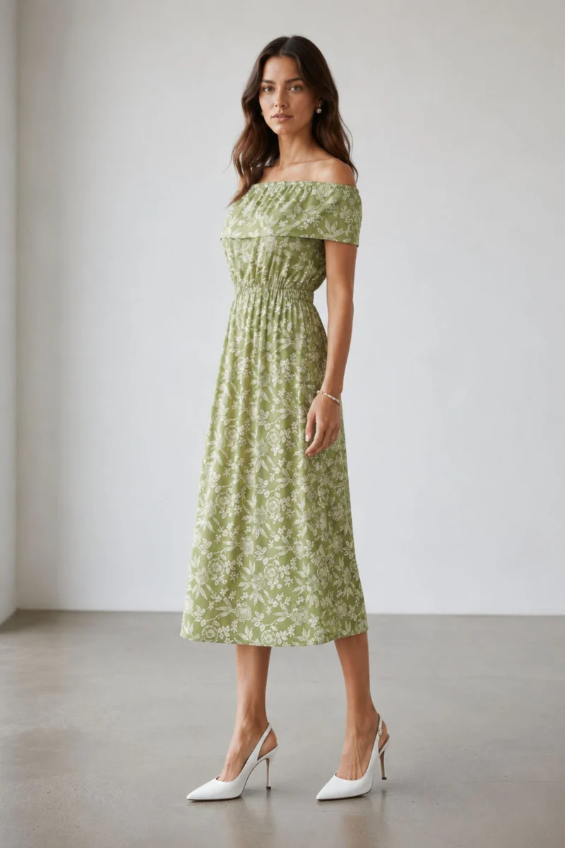 Nankura|100% Cotton Printed Off-Shoulder Dress