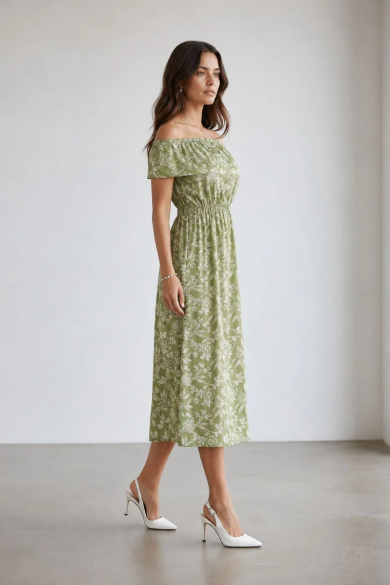 Nankura|100% Cotton Printed Off-Shoulder Dress