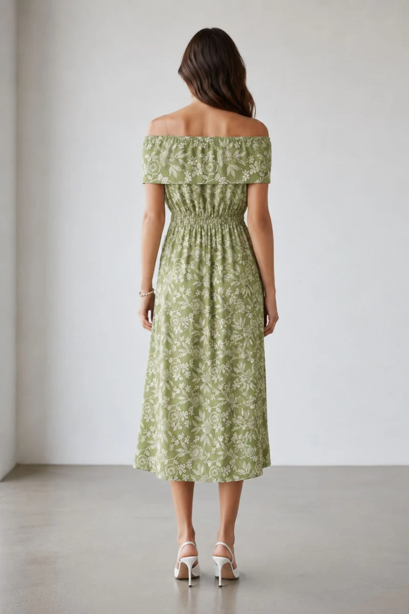 Nankura|100% Cotton Printed Off-Shoulder Dress