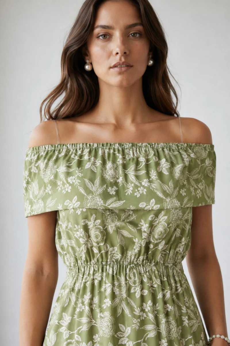 Nankura|100% Cotton Printed Off-Shoulder Dress