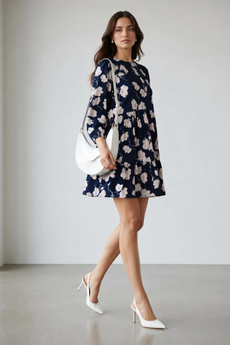 Viona|Linen Printed Tiered Hem Midi Dress