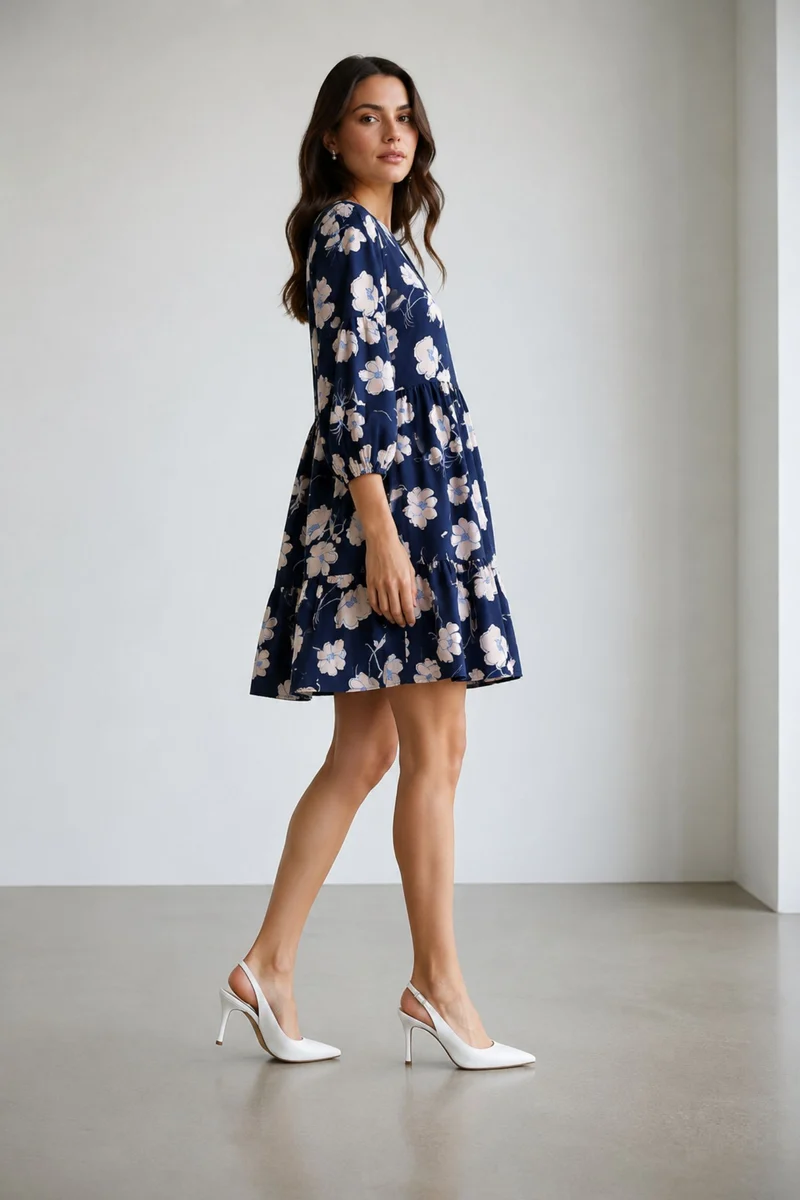 Viona|Linen Printed Tiered Hem Midi Dress