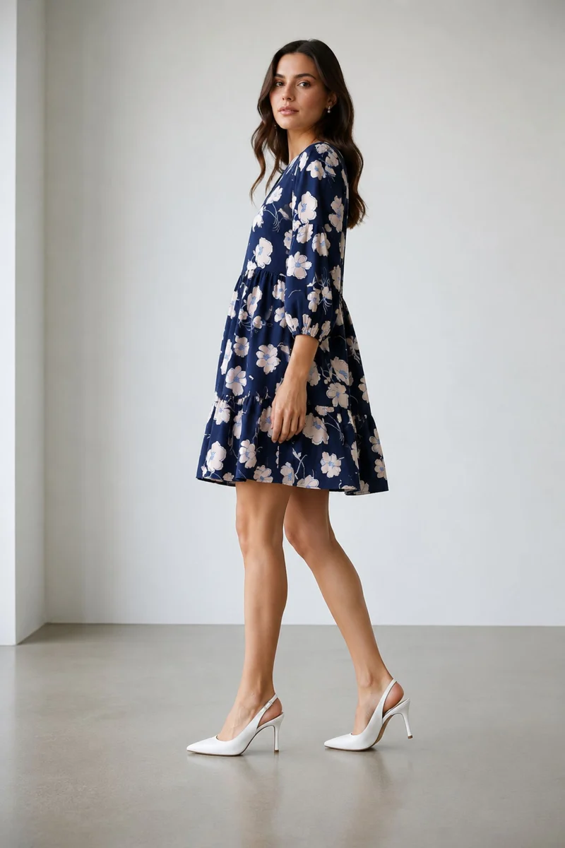Viona|Linen Printed Tiered Hem Midi Dress