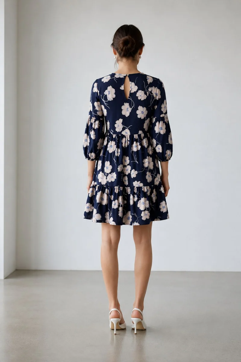 Viona|Linen Printed Tiered Hem Midi Dress