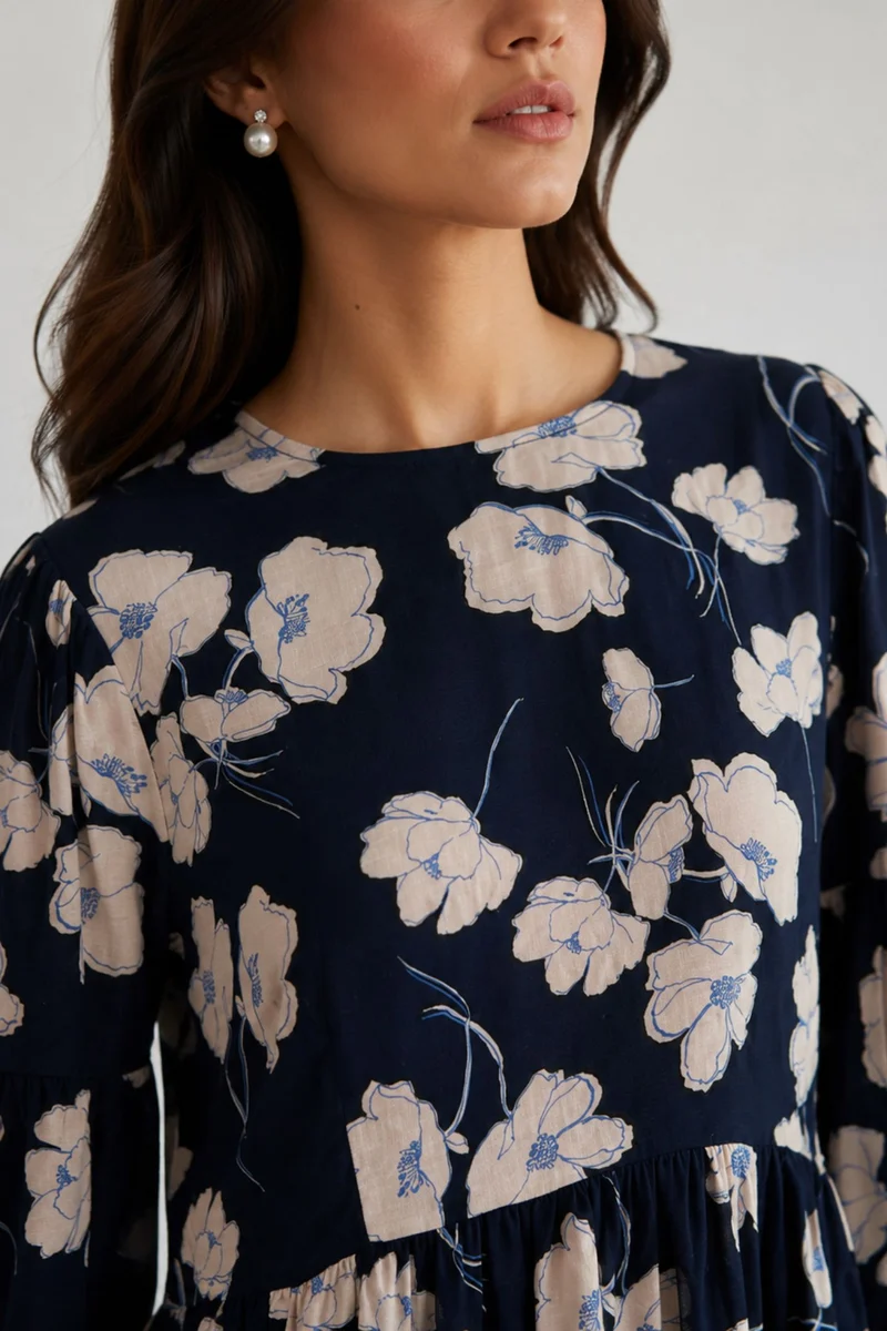 Viona|Linen Printed Tiered Hem Midi Dress