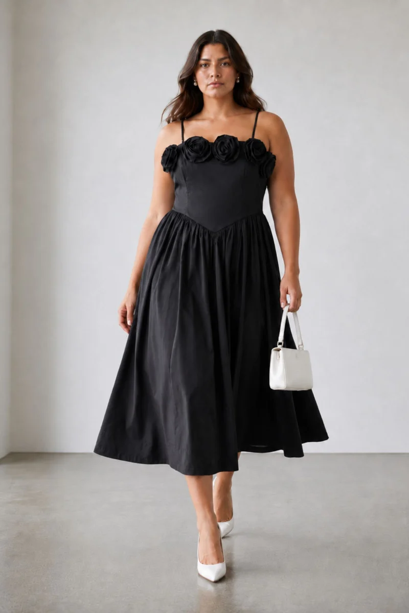 Rosenya|100% Cotton Basque Corsage Maxi Dress