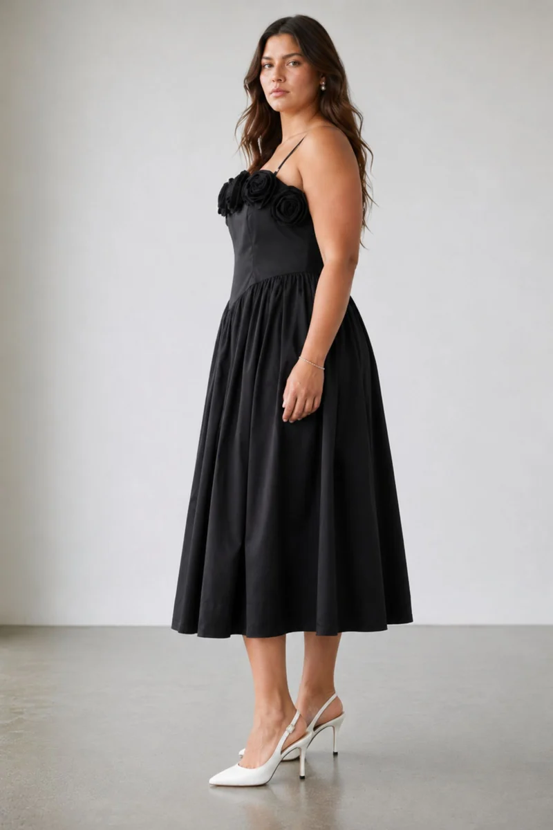 Rosenya|100% Cotton Basque Corsage Maxi Dress