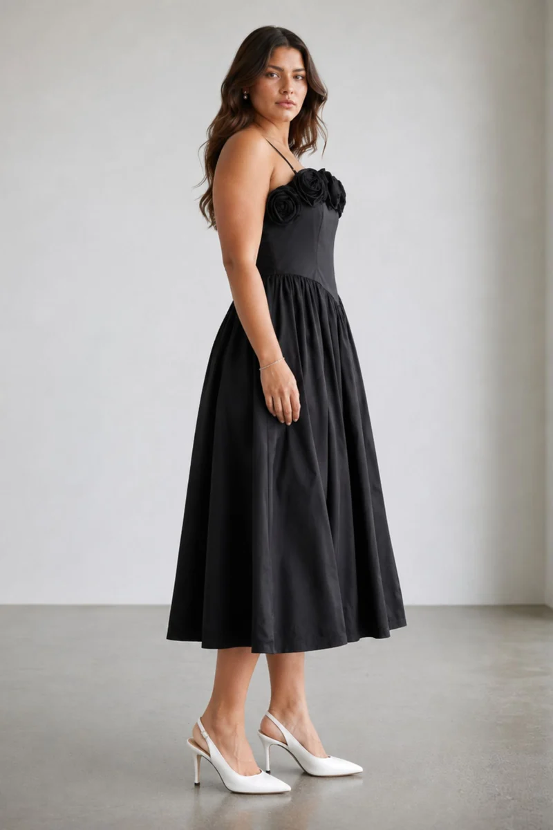 Rosenya|100% Cotton Basque Corsage Maxi Dress