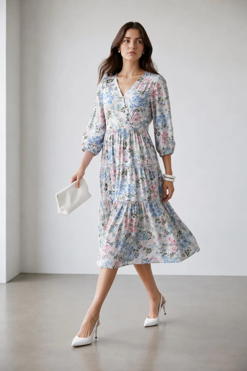 Elarin|100% Viscose Printed V-Neck Midi Dress