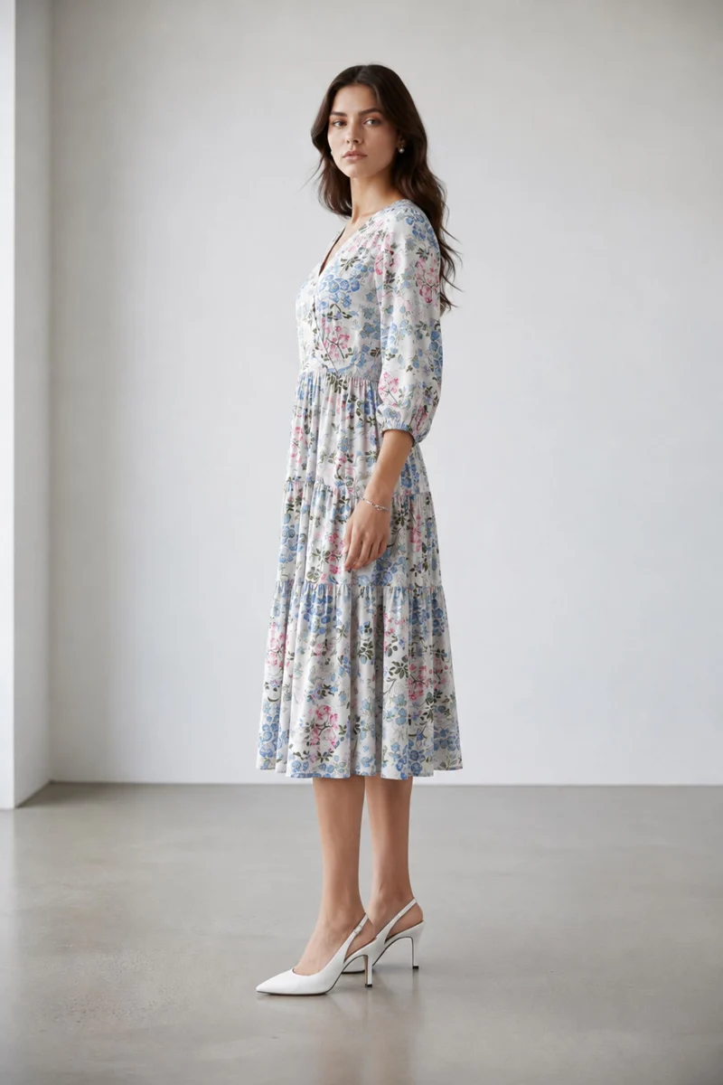 Elarin|100% Viscose Printed V-Neck Midi Dress