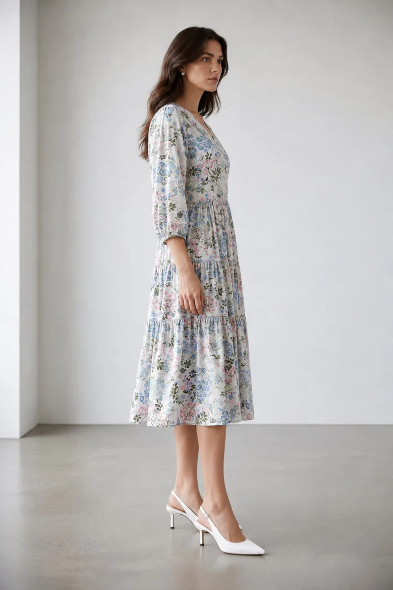 Elarin|100% Viscose Printed V-Neck Midi Dress