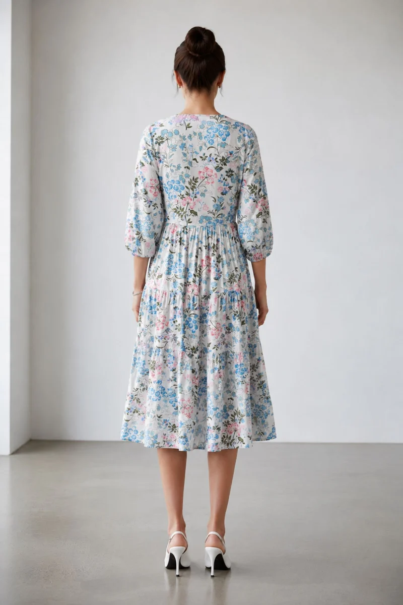 Elarin|100% Viscose Printed V-Neck Midi Dress