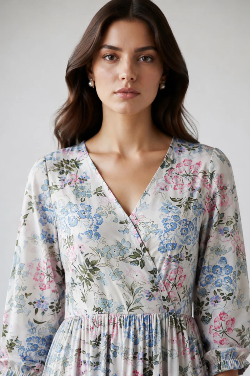 Elarin|100% Viscose Printed V-Neck Midi Dress