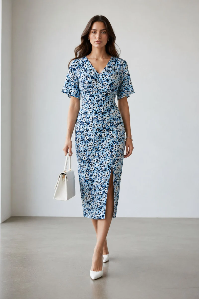 Meesha|100% Viscose Printed Side Slit Midi Dress