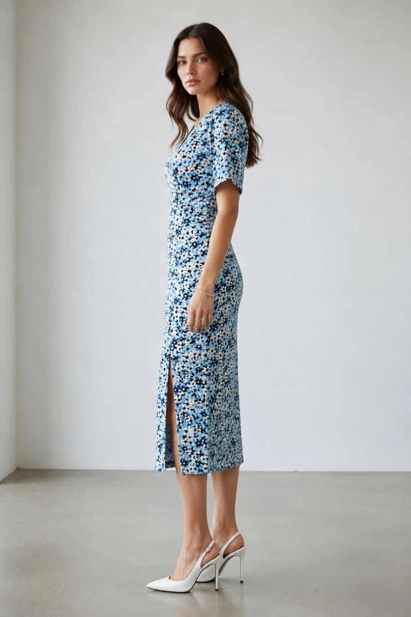 Meesha|100% Viscose Printed Side Slit Midi Dress