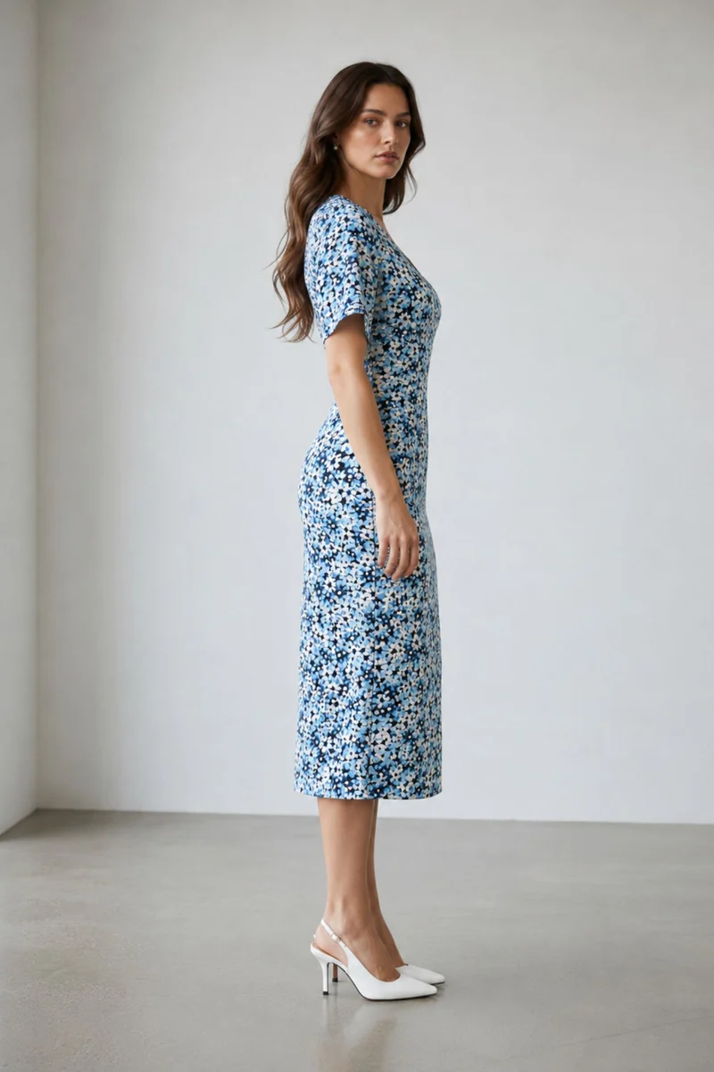 Meesha|100% Viscose Printed Side Slit Midi Dress