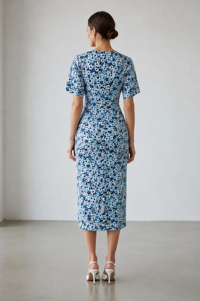 Meesha|100% Viscose Printed Side Slit Midi Dress
