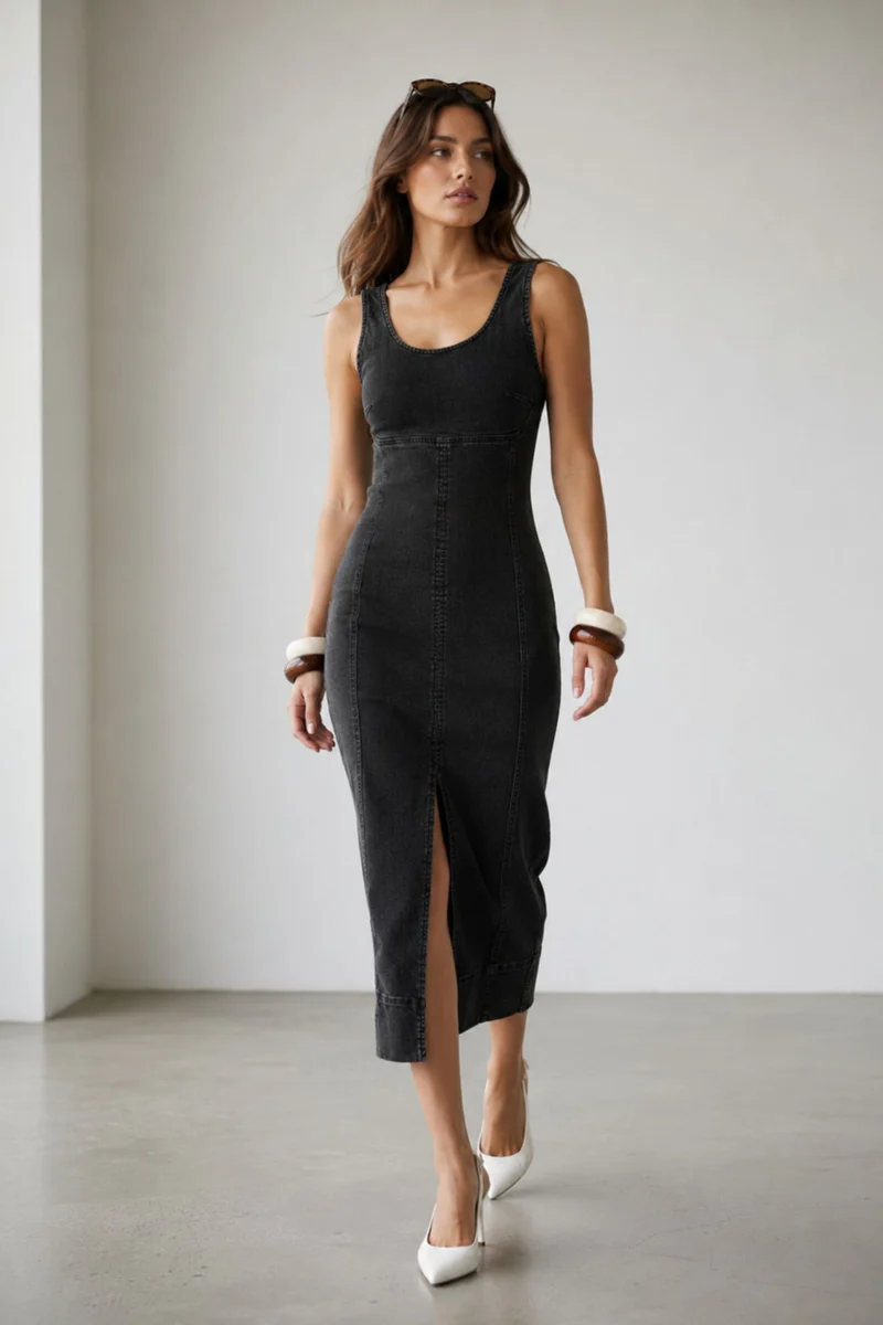 Renaya|100% Cotton Denim Bodycon Maxi Dress