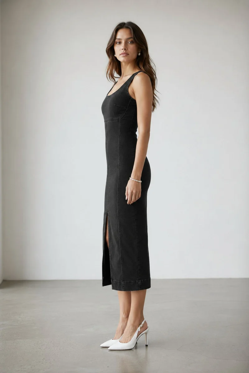 Renaya|100% Cotton Denim Bodycon Maxi Dress