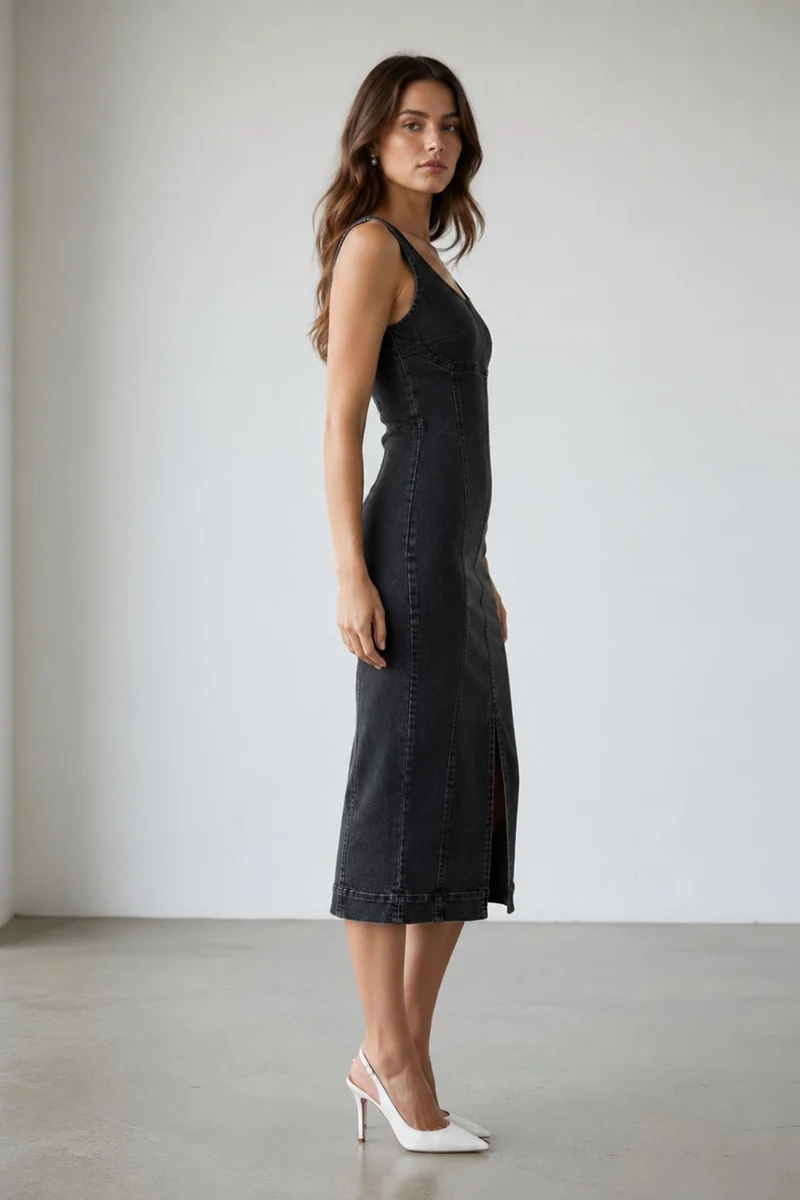 Renaya|100% Cotton Denim Bodycon Maxi Dress