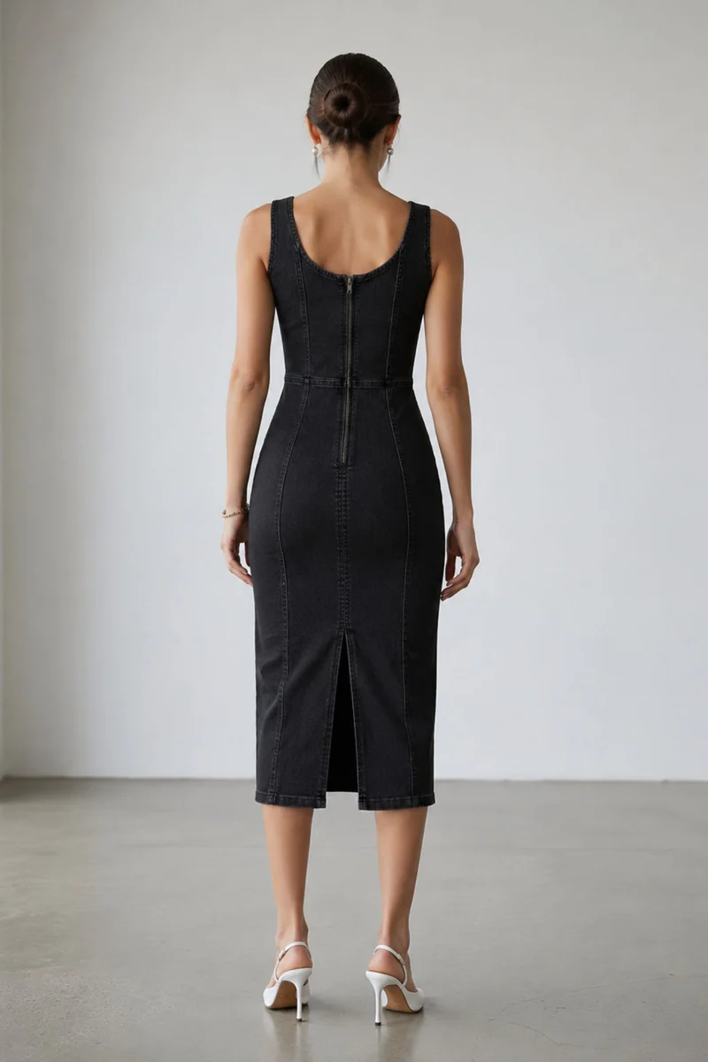 Renaya|100% Cotton Denim Bodycon Maxi Dress