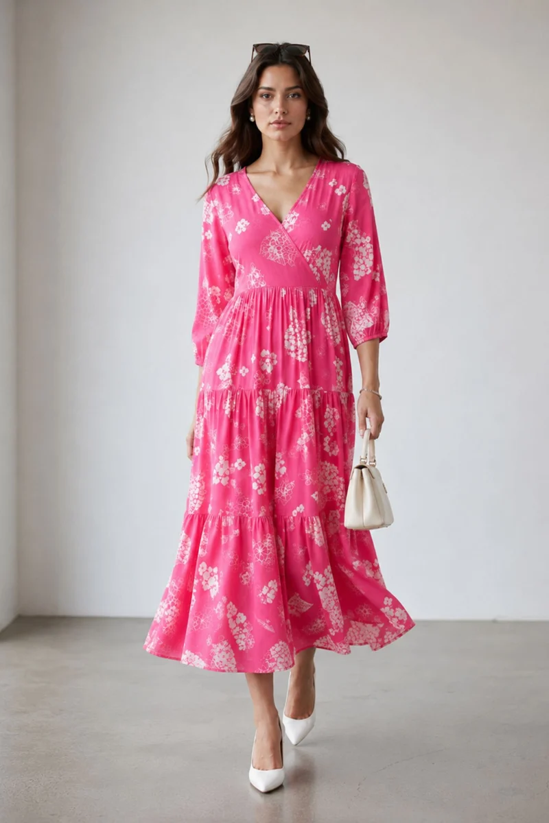 Sarakura|100% Viscose Printed V-Neck Midi Dress