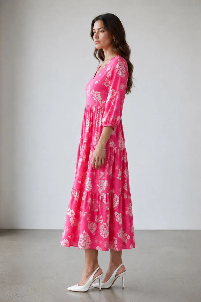 Sarakura|100% Viscose Printed V-Neck Midi Dress