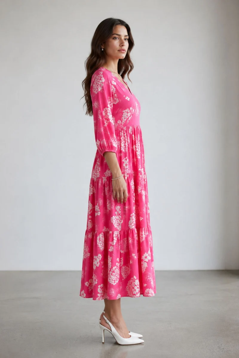Sarakura|100% Viscose Printed V-Neck Midi Dress